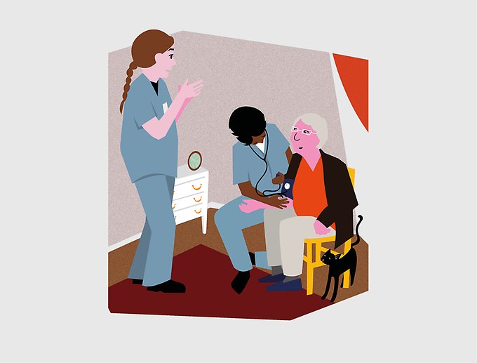Illustration som visar en sittande person som får blodtrycket undersökt av två vårdpersoner.