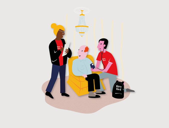 Illustration som visar en sittande person som får blodtrycket undersökt av två vårdpersoner.