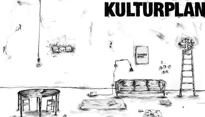 Svartvit illustration föreställande ett kreativt rum. Från framsidan av kulturplanen.