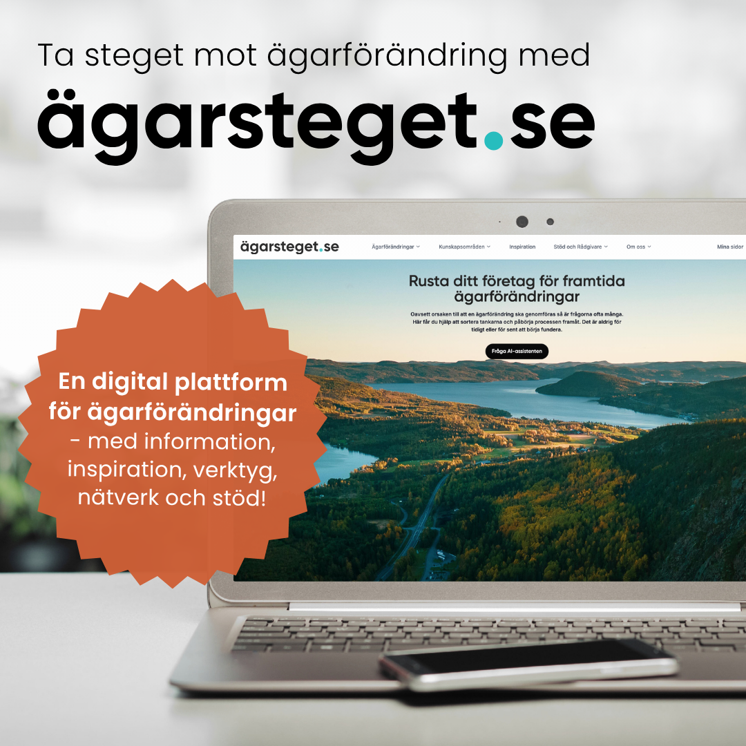 Bild med information från ägarsteget.se. Text; "Ta steget mot ägarförändring med ägarsteget.se. En digital plattform för ägarförändringar - med information, inspiration, verktyg, nätverk och stöd!" På bilden syns en dator med information från ägarsteget.se's hemsida samt en telefon.