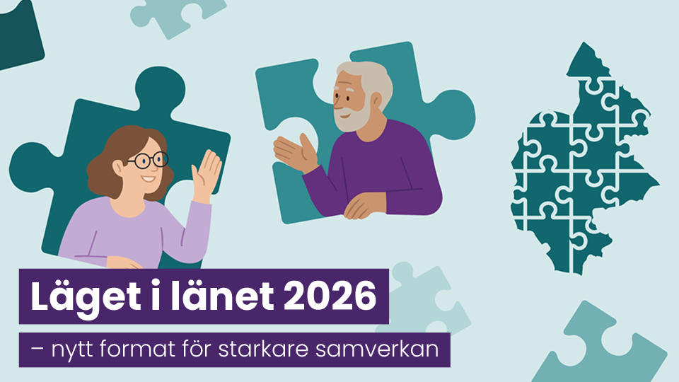 Illustration av Jämtland Härjedalen som ett pussel med lösa bitar och två personer som vinkar.