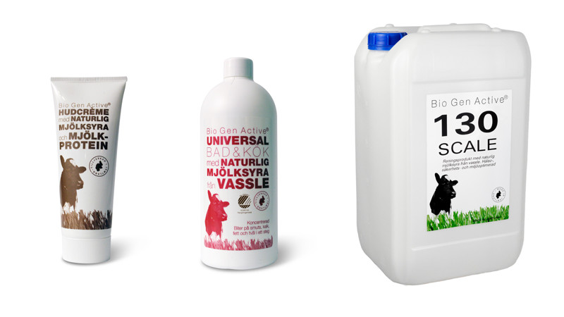 Bild på dunkar och flaskor innehållande rengöringsprodukter från företaget Bio Gen Active.