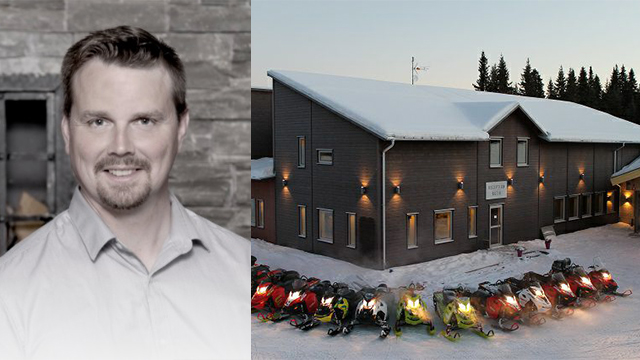 Kollage med porträtt på företagsledaren Berne Brenje och hans hotellbyggnad med en rad snöskotrar parkerade utanför.