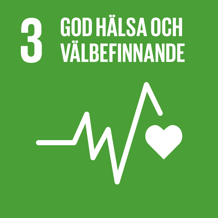 Ikon för FN:s Agenda 2030-mål 1: ingen fattigdom. På bilden visas två barn och fyra vuxna i olika åldrar och kön.