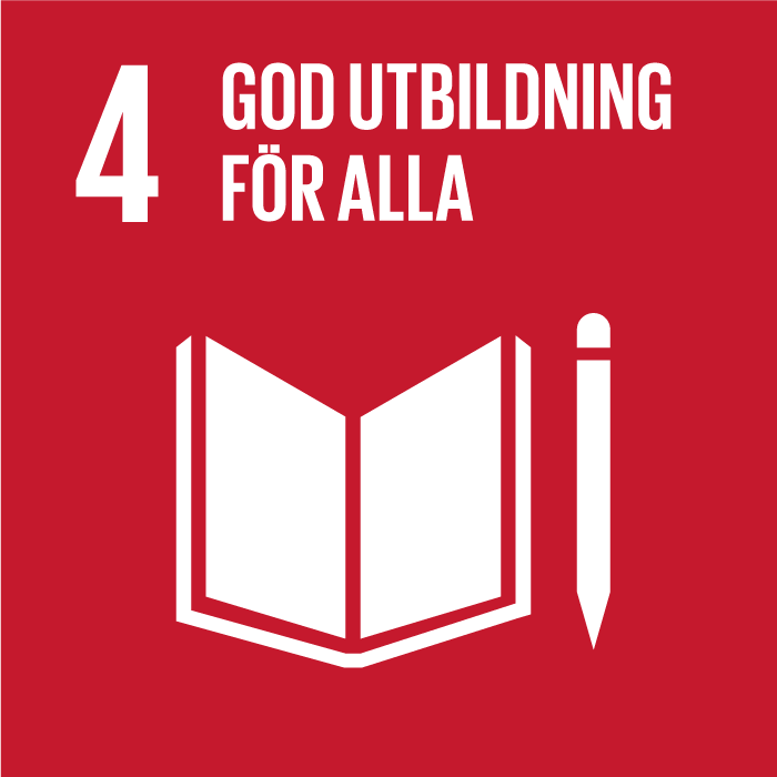 Ikon för FN:s Agenda 2030-mål 4: God utbildning för alla. Bilden visar en bok och en penna.