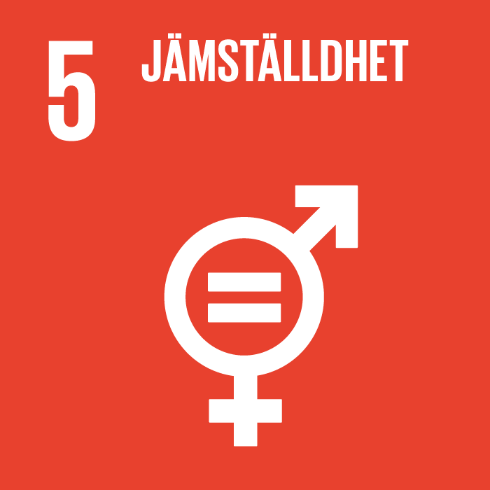 Ikon för FN:s Agenda 2030-mål 5 Jämställdhet. Bilden visar en tolkning av könssymbolerna för man och kvinna med ett likhetstecken i mitten.