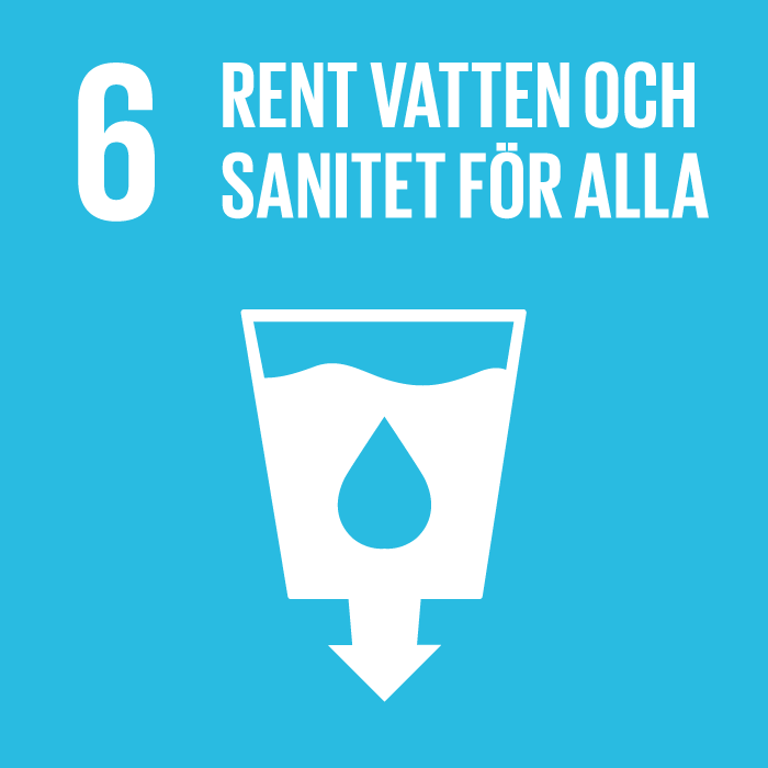 Ikon för FN:s Agenda 2030-mål 1: ingen fattigdom. På bilden visas två barn och fyra vuxna i olika åldrar och kön.