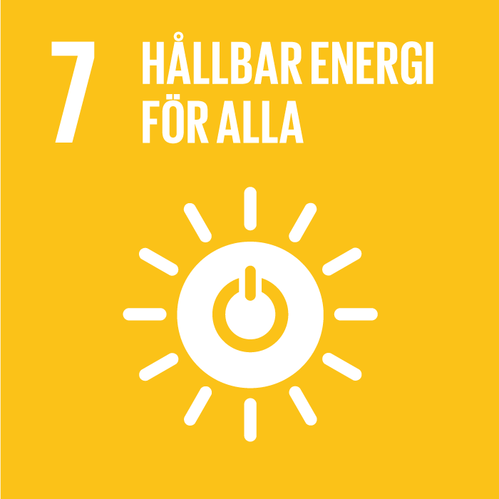 Ikon för FN:s Agenda 2030-mål 7: Hållbar energi för alla. Bilden visar en sol med en strömknapp i mitten.
