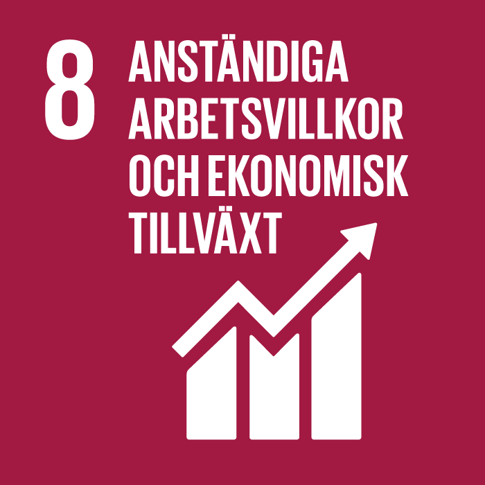 Ikon för FN:s Agenda 2030-mål 8: Anständiga arbetsvillkor och ekonomisk tillväxt. På bilden syns diagramstaplar med en pil snett uppåt som symboliserar tillväxt.