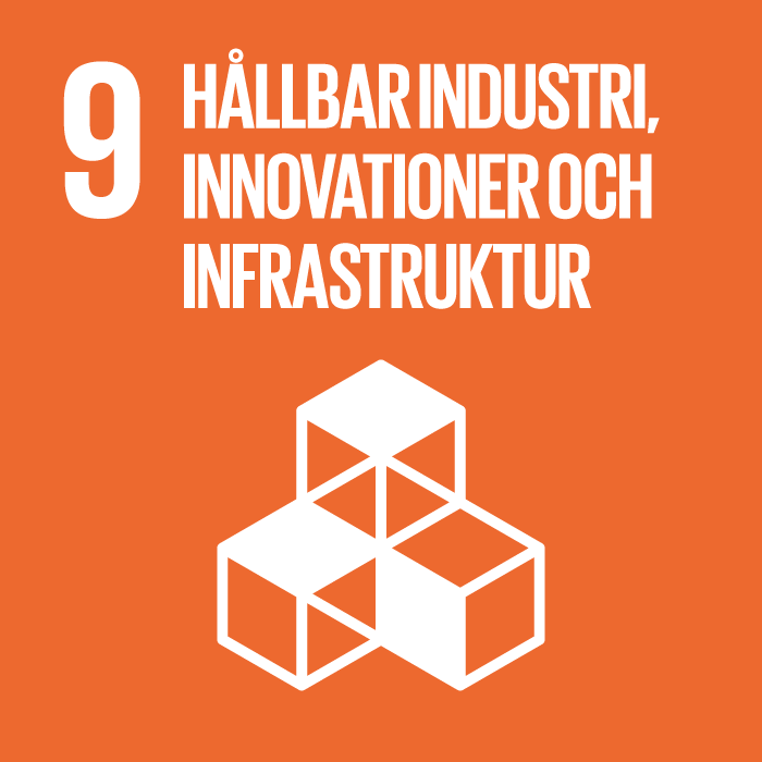 Ikon för FN:s Agenda 2030-mål 9: Hållbar industri, innovationer och infrastruktur. Bilden visar tre byggklossar.