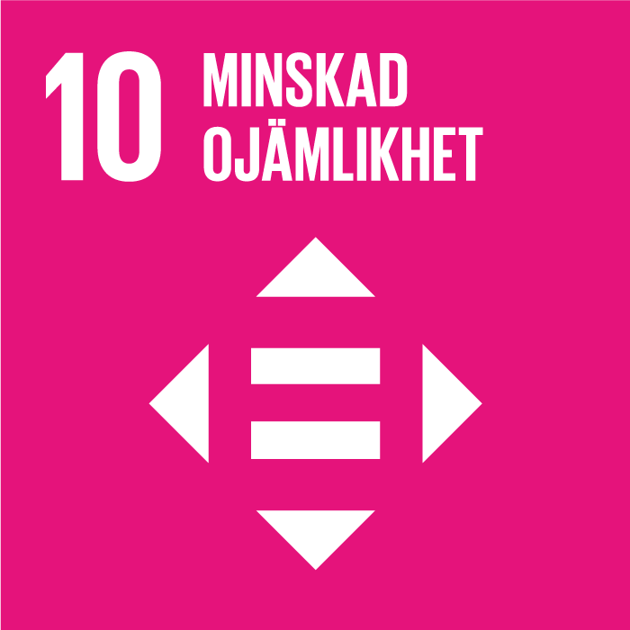Ikon för FN:s Agenda 2030-mål 10: Minskad ojämlikhet. Bilden visar ett likhetstecken som omges av fyra pilar som pekar uppåt, nedåt, till höger och till vänster.