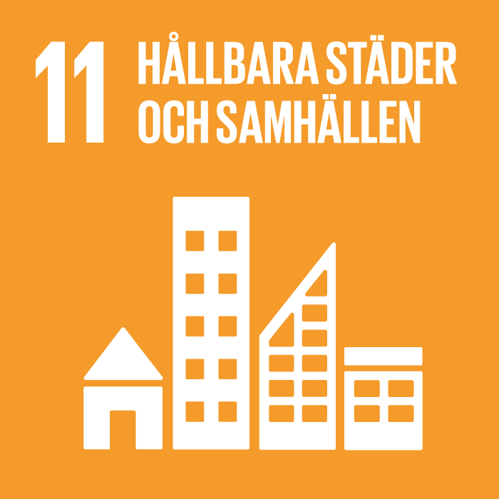 Ikon för FN:s Agenda 2030-mål 11 Hållbara städer och samhällen. Bilden visar fyra olika byggnader på rad: villa, lägenhetshus, skyskrapa och industri- eller garagebyggnad.