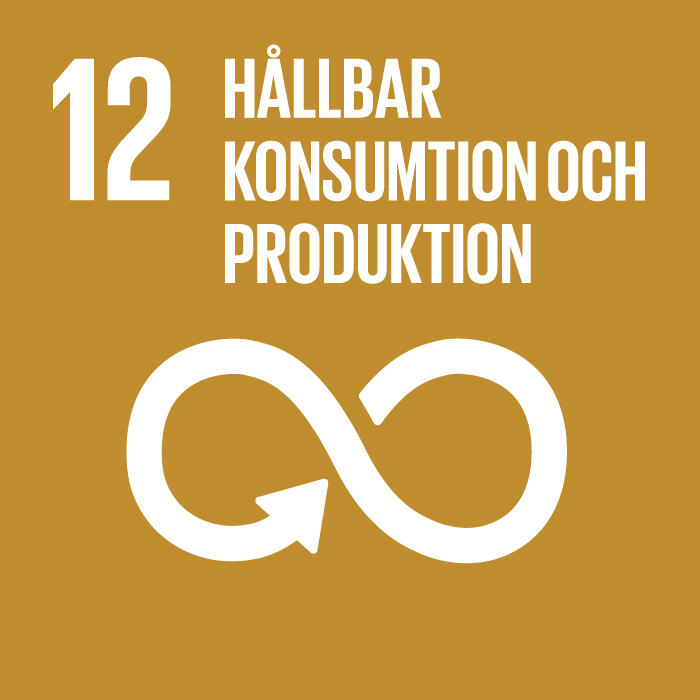 Ikon för FN:s Agenda 2030-mål 12 Hållbar konsumtion och produktion. Bilden visar ett evighetstecken med en pil mot tecknets mitten.