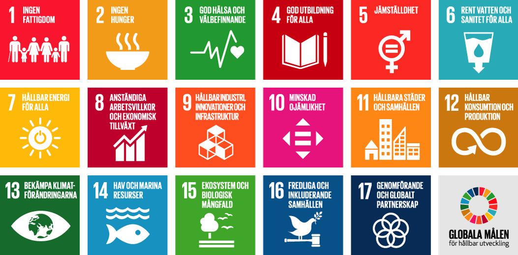 FN:s 17 globala Agenda 2030-mål i en översiktsbild med ikoner. Målen och dess bildikoner finns beskrivna längre ner på sidan.