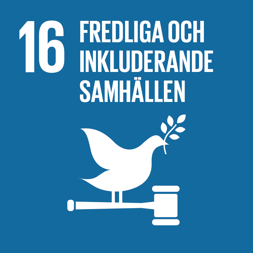 Ikon för FN:s Agenda 2030-mål 16: Fredliga och inkluderande samhällen. Bilden visar en fredsduva sittandes på en domarklubba.