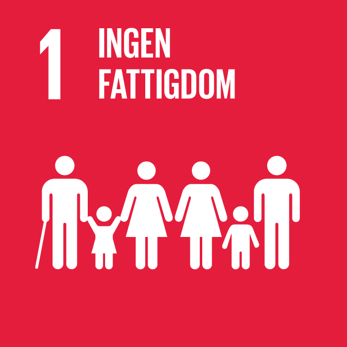 Ikon för FN:s Agenda 2030-mål 1: ingen fattigdom. På bilden visas två barn och fyra vuxna i olika åldrar och kön.