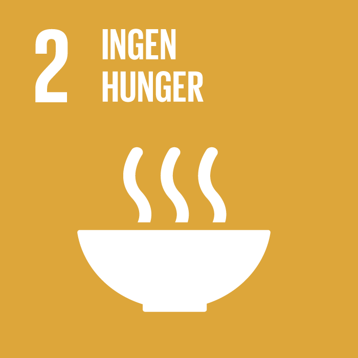 Ikon för FN:s Agenda 2030-mål 2: ingen hunger. Bilden visar en skål med ångande varm mat.