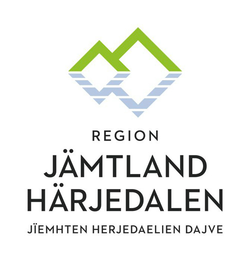 Logotyp för Region Jämtland Härjedalen med två kvadrater som symboliserar platsens fjälltoppar och vattendrag och representerar regionens arbete för utveckling och tillväxt samt en hälso- och sjukvård av hög kvalitet.
