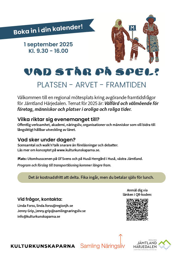 Tre personer av olika ålder och etnicitet har samlats vid en mötesplatsskylt. Texten lyder: "Platsen - arvet - framtiden" och "2 april 2024, kl.10-15"