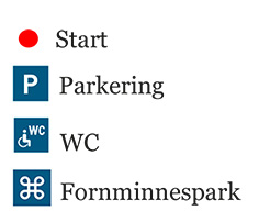 Bilden visar kartans piktogram med beskrivning. Röd prick – Start.P - Parkering. Person i rullstol och WC – Handikappstoalett.Krumelur - Fornminne