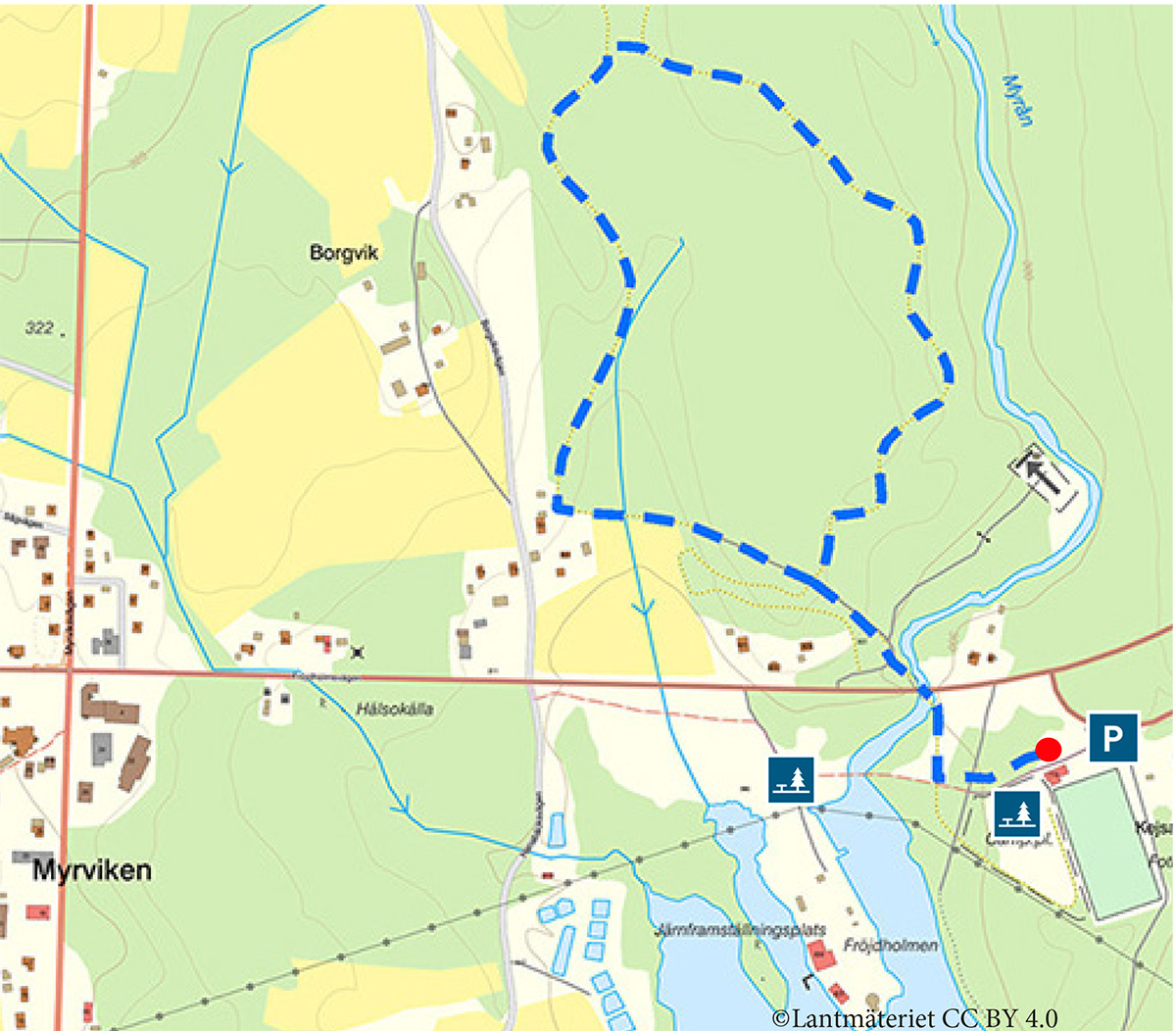 Karta över Myrviken med elljusspåret utritat.