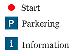Bilden visar kartans piktogram med beskrivning. Röd prick - Start. P - Parkering. i - Information