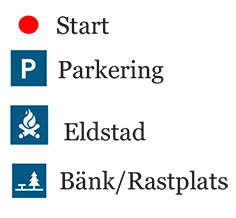 Bilden visar kartans piktogram med beskrivning.  Röd prick – Start. P - Parkering.  Bänk och ett träd - Bänk/rastplats.  Eld – Eldstad.
