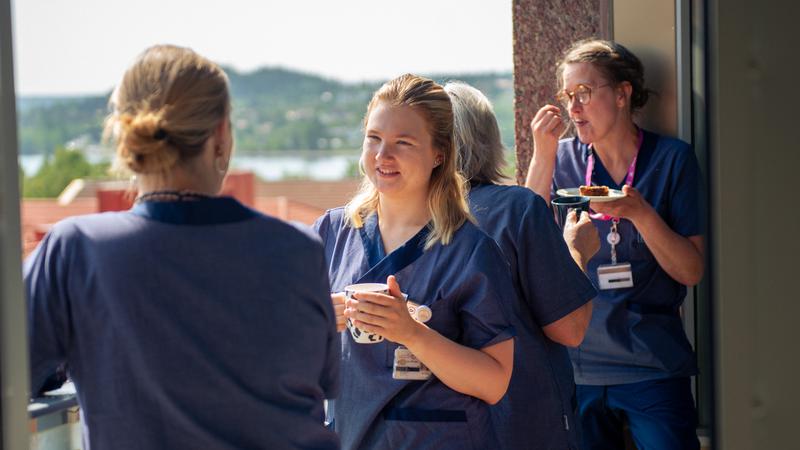 Kollegor på avdelning Medicin tar en rast i sommarsolen. I fjärran syns Frösön.