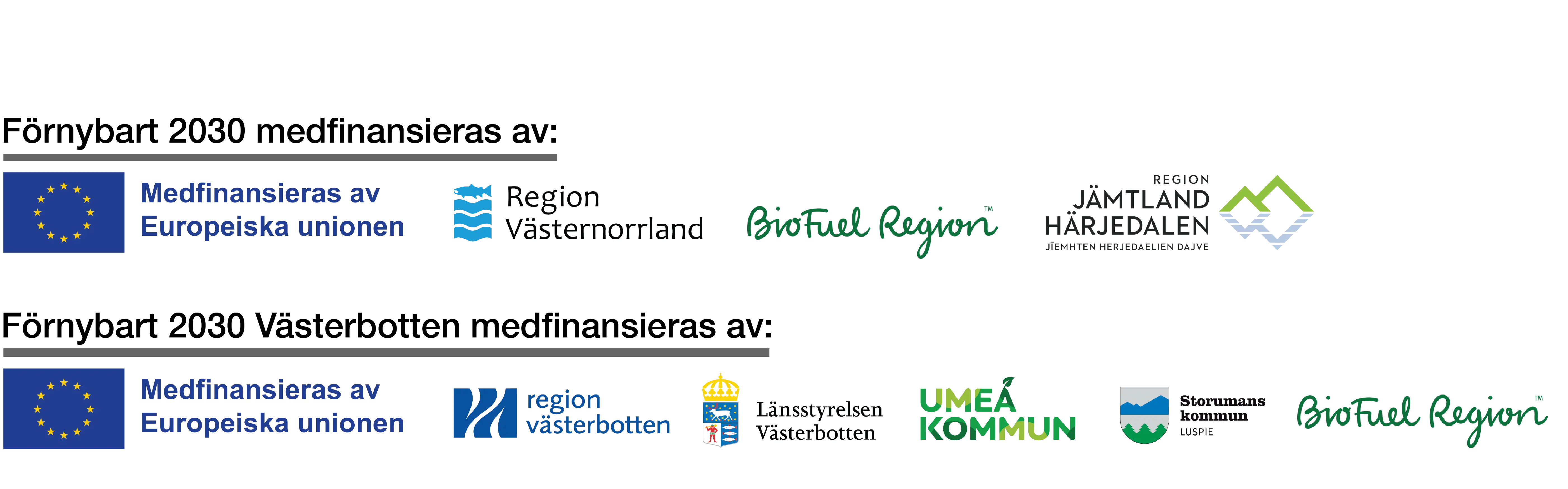 Förnybart 2030 drivs av Energikontoret Region Jämtland Härjedalen, BioFuel Region och Energikontoret Västernorrland. Det finansieras av EU:s regionalfond, Region Jämtland Härjedalen, Region Västernorrland och BioFuel Region.Förnybart 2030 Västerbotten drivs av BioFuel Region, Umeå kommun och Storuman kommun. Projektet finansieras av dessa tre parter tillsammans med EU:s regionalfond.