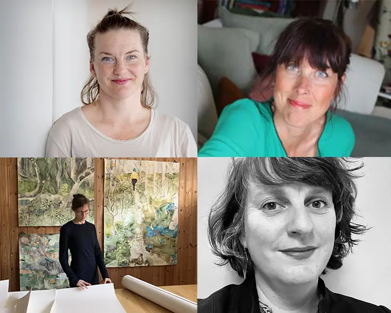 Kollage av fyra konstnärer som tittar in i kameran och ler.