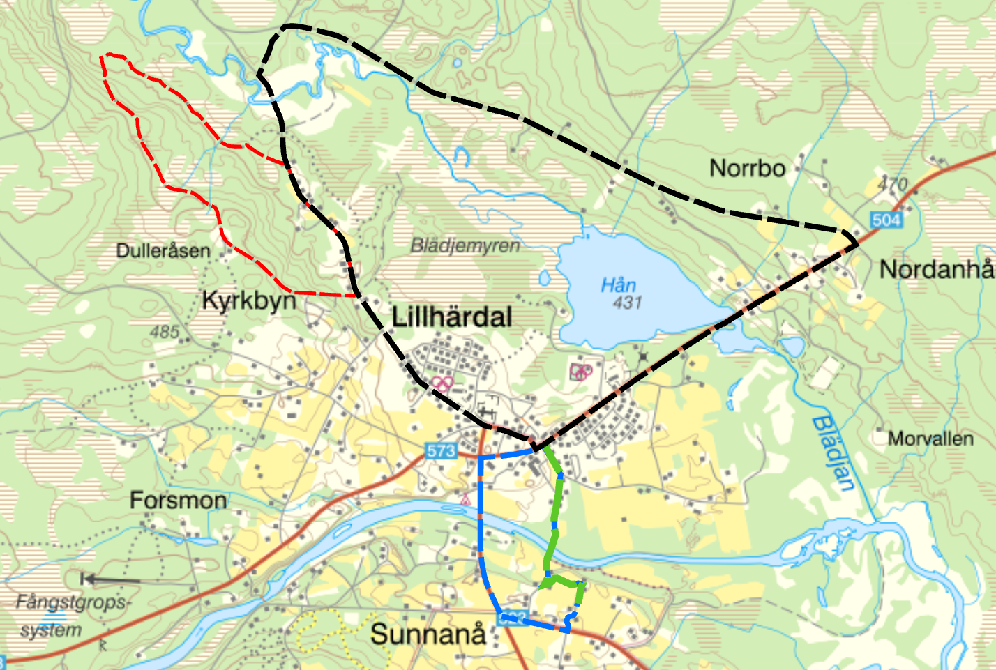 Kartbild över Lillhärdal med tre promenadstråk utritat.