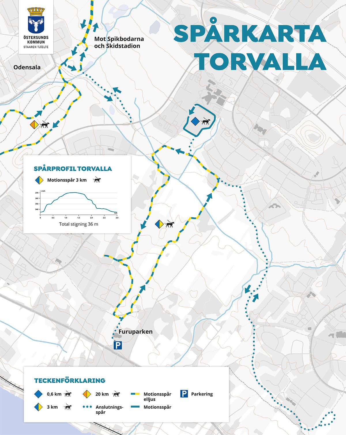 Östersunds kommuns spårkarta som visar flera olika leder i Torvallaområdet.
