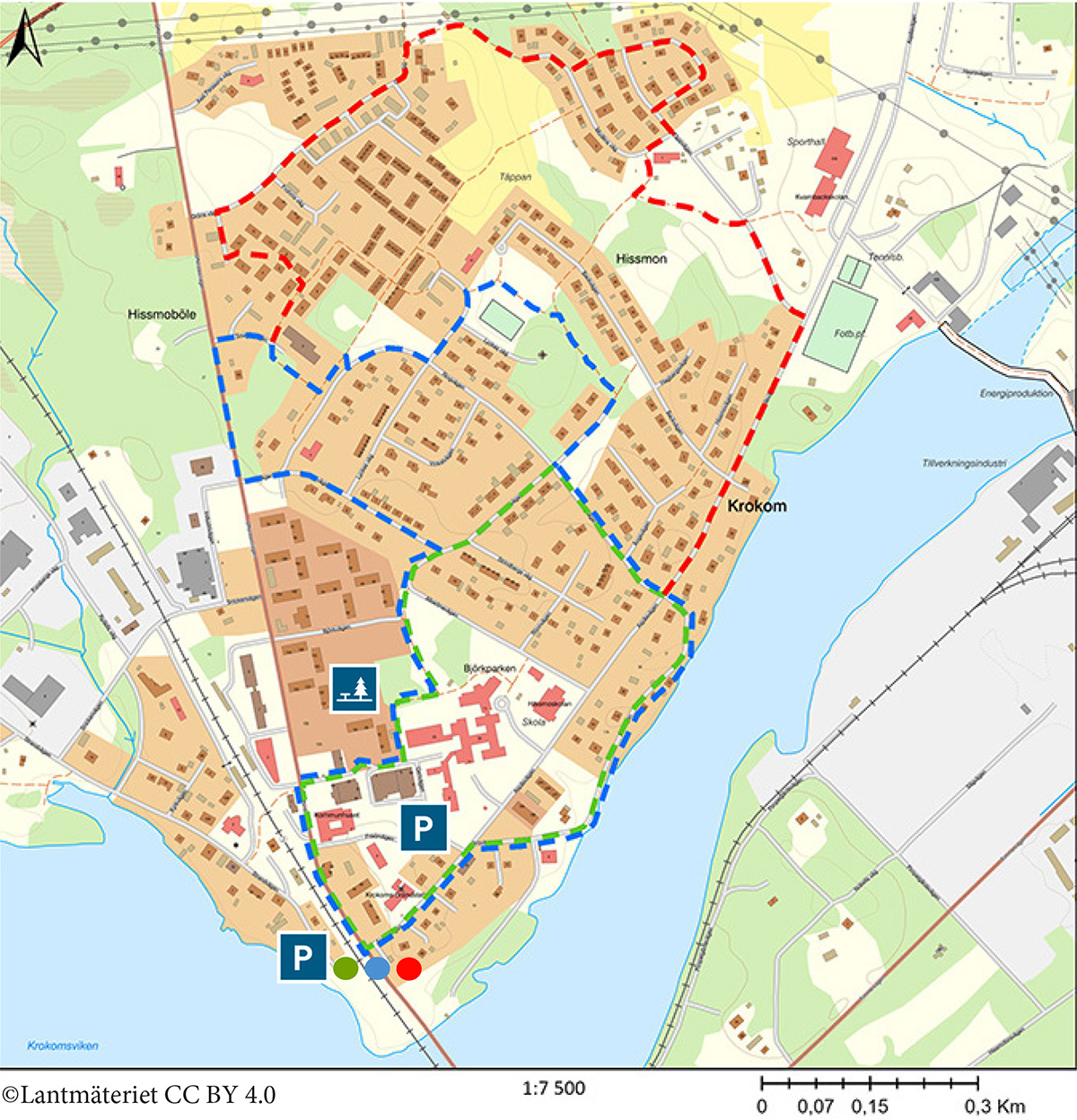 Karta över Korokms tätort. Utmarketat med tre olika gångstråk.
