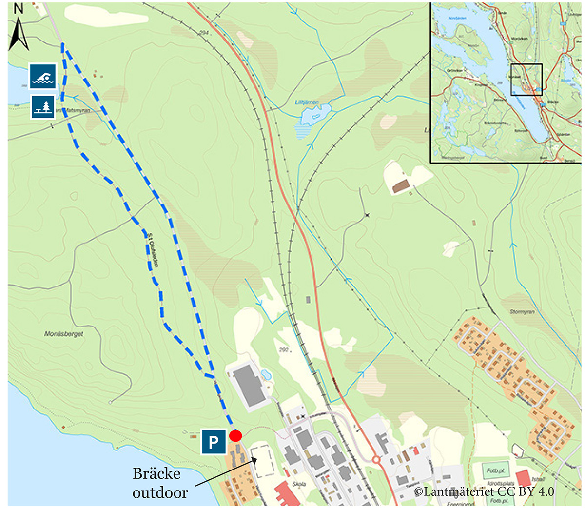 Karta över Bräcke med Sjölyckanpromenaden utmärkt.