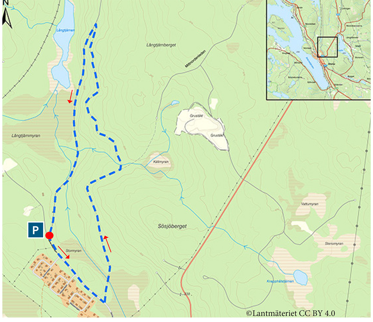 Karta över Bräcke med Sösjöbergsslingan utmärkt.