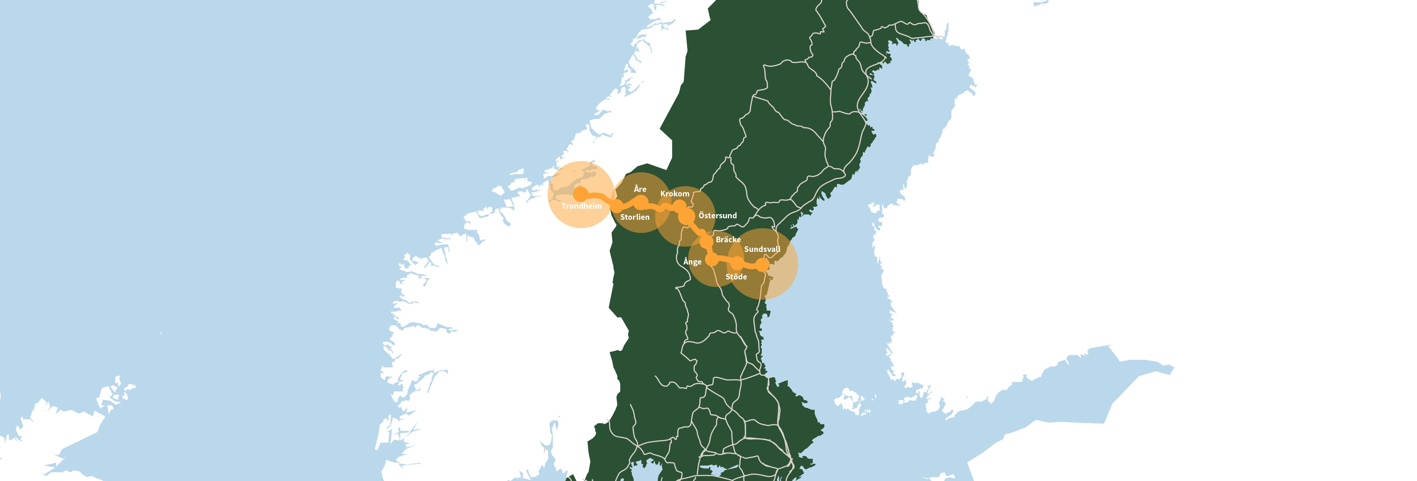 Något inzoomad bild på Sverige, med fokus på Mellersta Norrland. På kartan är en järnvägssträcka tydligt utmarkerad. Den löper från Trondheim i öster till Sundsvall i väster via noder i Storlien, Åre, Krokom, Östersund, Bräcke, Ånge och Stöde. Denna järnvägssträcka är föremål för projekt Mittstråket att stärka.