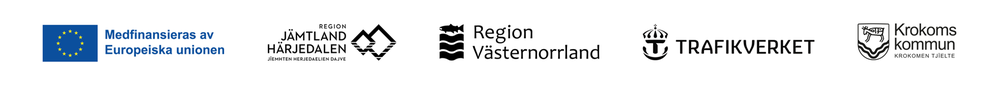 Logotyper för Projekt Mittstråkets finansiärer: EU, Region Jämtland Härjedalen, Region Västernorrland, Trafikverket och Krokoms kommun.