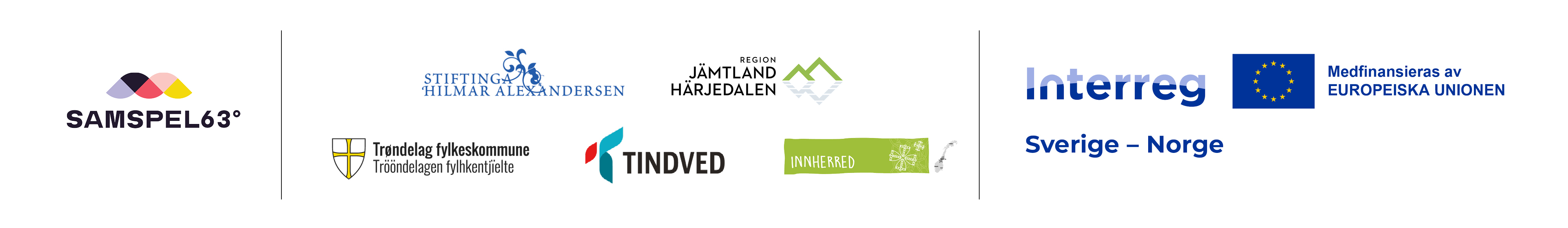 Logotyper för Samspel63, Stiftinga Hilmar Alexandersen, Region Jämtland Härjedalen, Trøndelag Fylkeskommune, Tindved, Visit Innherred och Interreg Sverige-Norge.