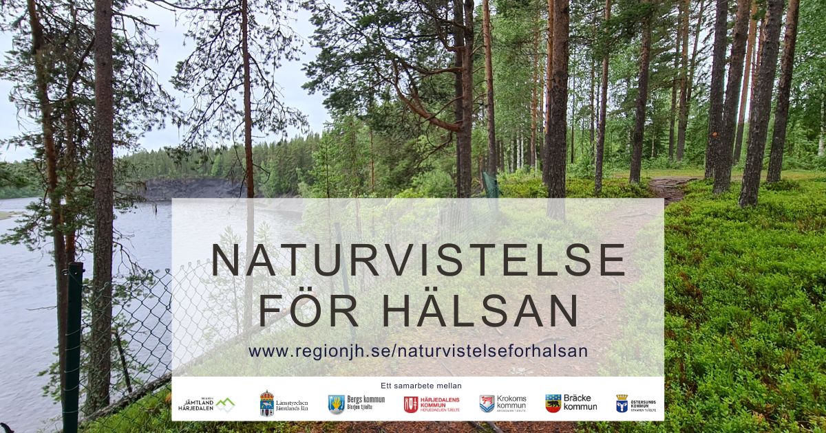Naturvistelse för hälsan. Bild på en skog. Längst ner kommunernas loggor samt regionens logga.