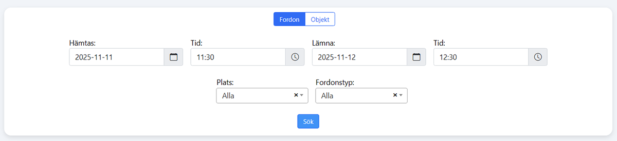 Skärmbild på bokningsrutan i Fleet360 där du fyller i datum och tid för att hämta och att lämna fordonet du vill boka. 