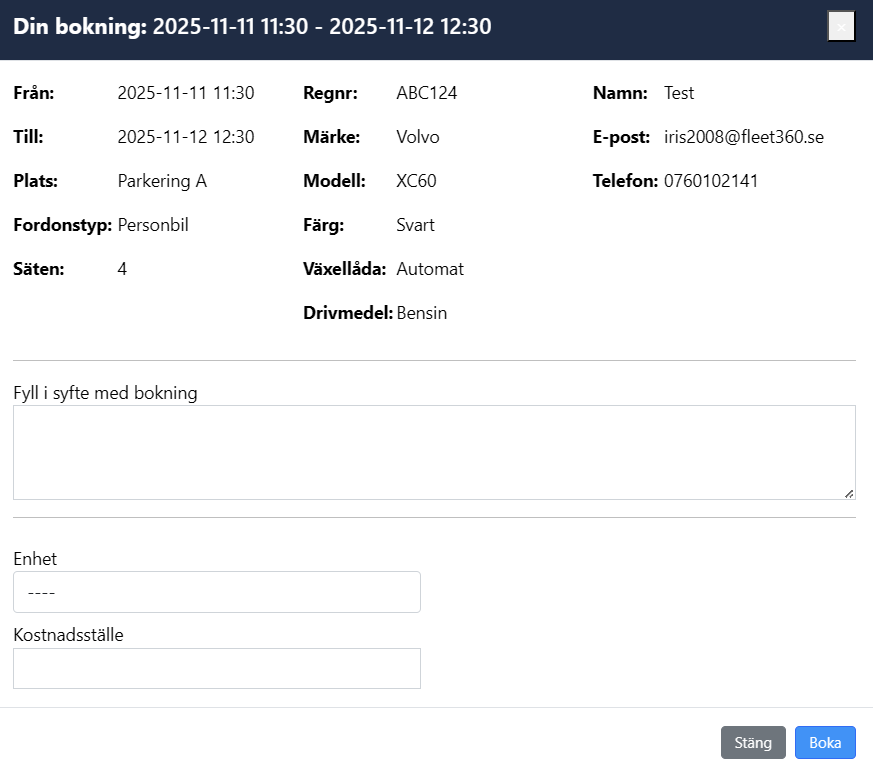 Skärmbild på bokningsbekräftelse i bokningskalender i Fleet360.
