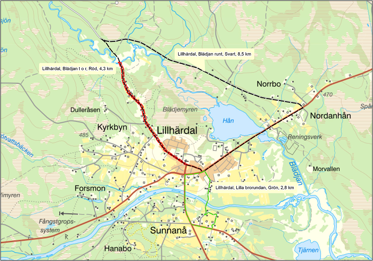 Kartbild över Lillhärdal med tre promenadstråk utritat.