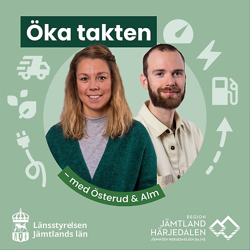 Konvolutbild för podden "Öka takten - fossilfritt & energismart". På bilden syns poddledarna Tove Österud och Fredrik Alm.