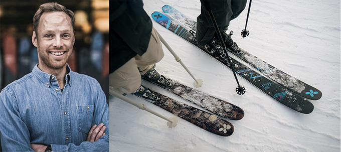 Porträtt på Carl Geijer, VD för Åre skidfabrik, och bild på de skidor de tillverkar.