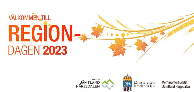 En illustration med orange höstlöv och texten välkommen till regiondagen 2023.