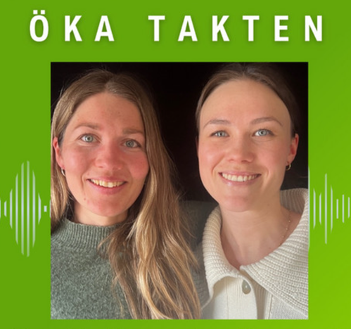 Konvolutbild för podcasten "Öka takten". Titeln syns högst upp i bild, nedanför ett porträtt på gästerna Hilda Sigge och Matilda Östlund. I bakgrunden syns ljudvågor.