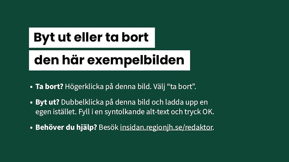 Exempelbild med instruktioner om hur du tar bort den eller byter ut den. Du högerklickar för att välja "ta bort" eller dubbelklickar för att byta ut den mot en egen bild. Glöm inte syntolkande alt-text. Vidare instruktioner finns i redaktörsmanualen på Insidan.