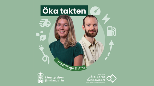 Konvolutbild för podden "Öka takten - fossilfritt & energismart". På bilden syns en illustrerad superhjälte med en blixt på bröstet som flyger bland molnen.
