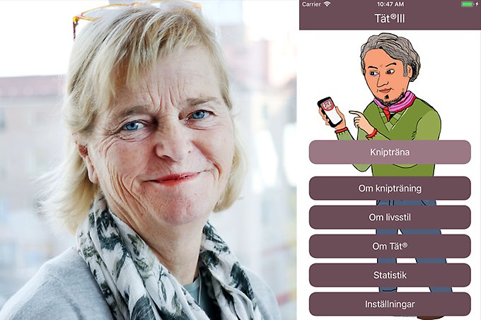 kollage med ett porträtt på Eva Samuelsson och en skärmbild från Tät III-appen föreställande en tecknad man som tittar i en mobiltelefon