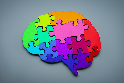 Ett gäng färgglada pusselbitar som bildar formen av en hjärna.